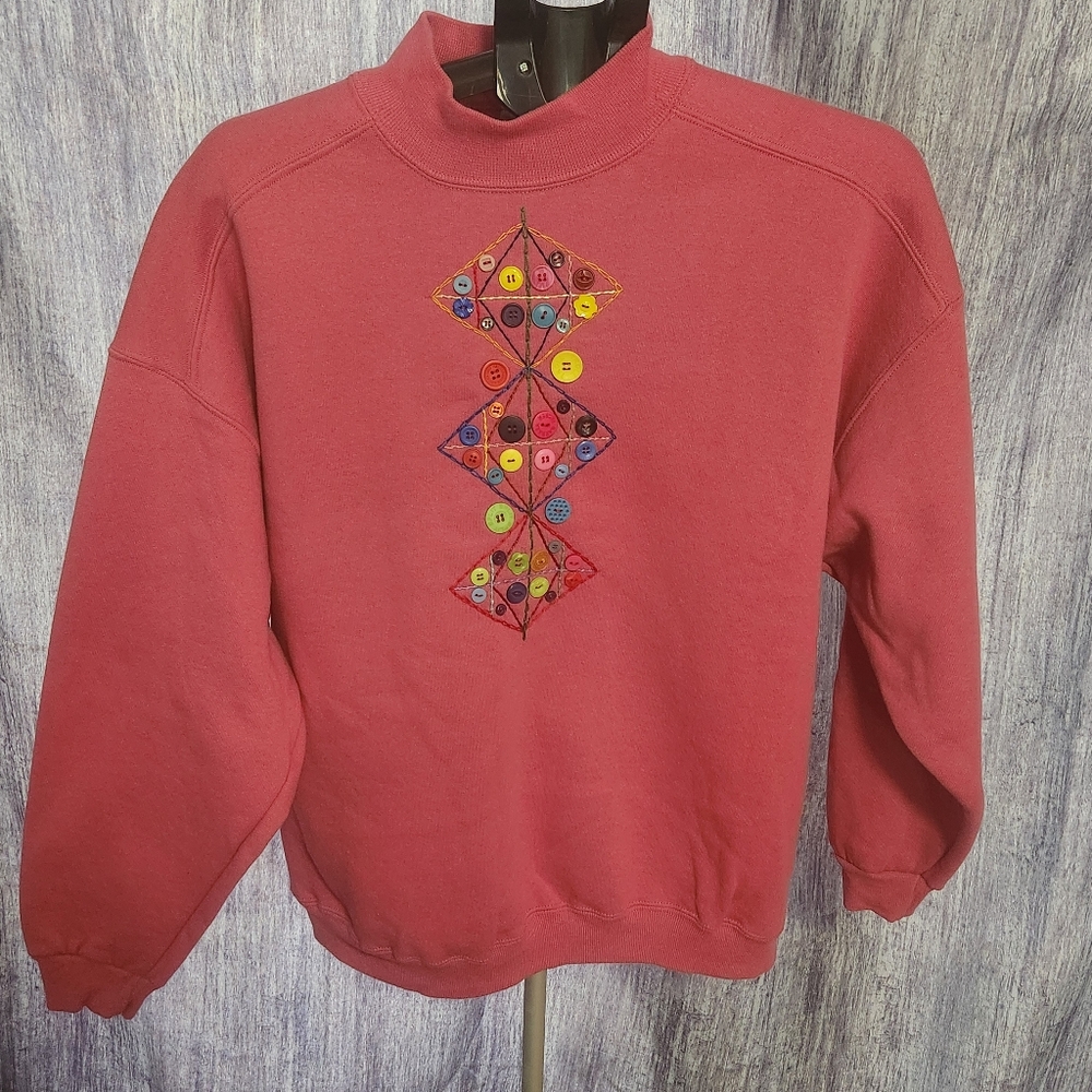Vintage Women’s Chic Pink Mock Neck Sweatshirt AddedButton Design Size XL